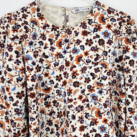 Zara Ecru Floral Print Long Puff Sleeves Top Blouse Size L Large Boho Casual - Picture 3 of 10